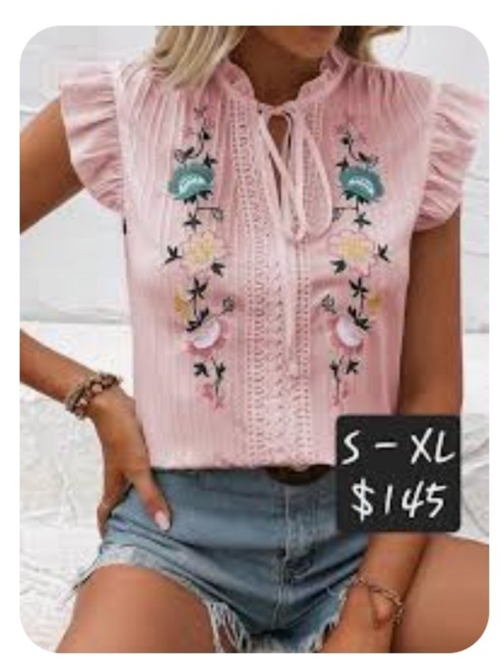Light Blue Embroidered Ruffle Sleeve Top - Picture 3 of 7
